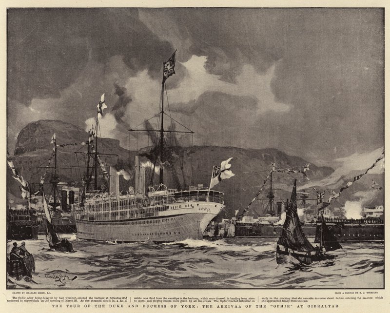 Rundvisningen af hertugen og hertuginden af York, Ophirs ankomst til Gibraltar af Charles Edward Dixon