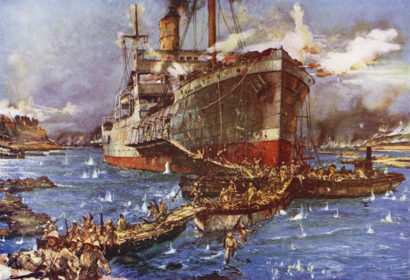 Landgang af tropper fra floden Clyde ved V Beach, Gallipoli-halvøen, Tyrkiet, 25. april 1915 af Charles Edward Dixon
