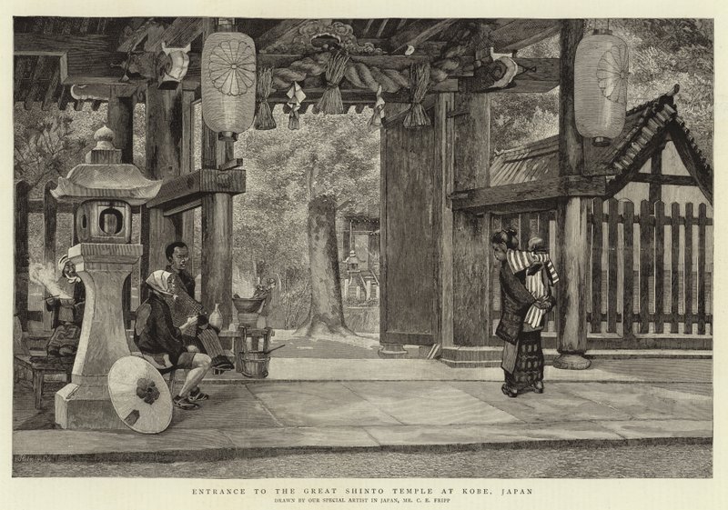Indgang til det store Shinto-tempel i Kobe, Japan af Charles Edwin Fripp