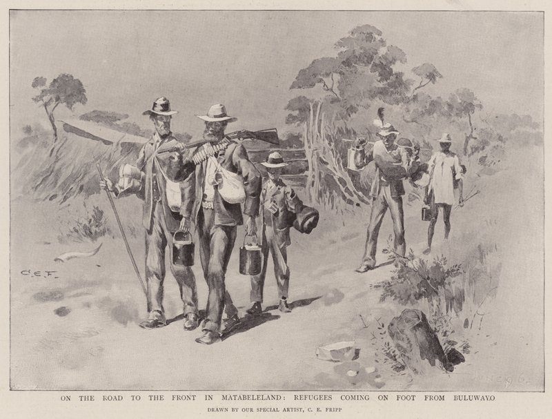 På vej mod fronten i Matabeleland, flygtninge, der kommer til fods fra Bulawayo af Charles Edwin Fripp