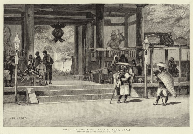 Veranda til Ikuta-templet, Kobe, Japan af Charles Edwin Fripp