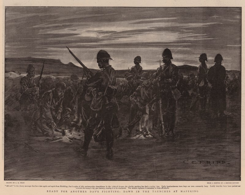Klar til endnu en dags kamp, daggry i skyttegravene ved Mafeking af Charles Edwin Fripp