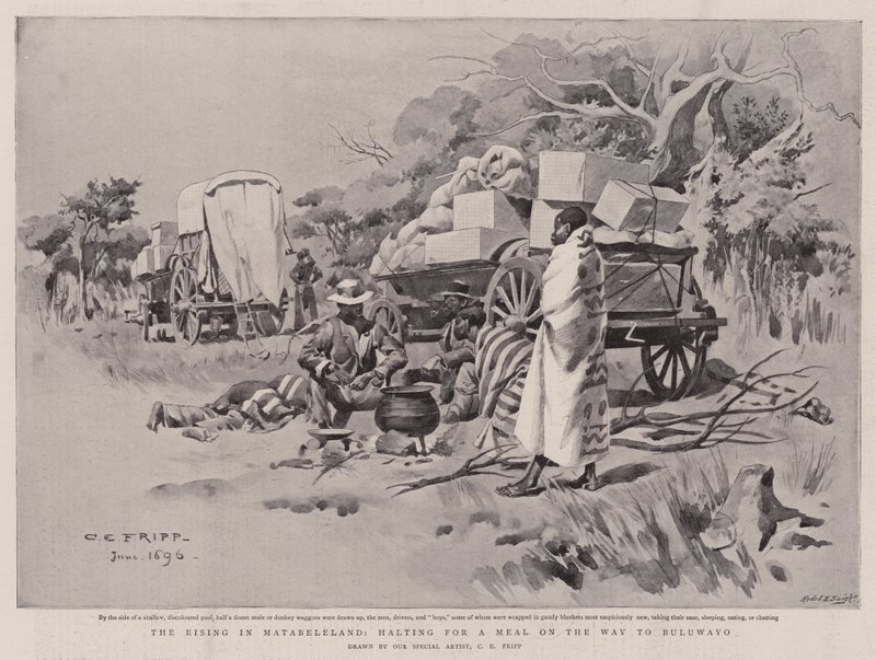 The Rising i Matabeleland, stopper for et måltid på vej til Bulawayo af Charles Edwin Fripp