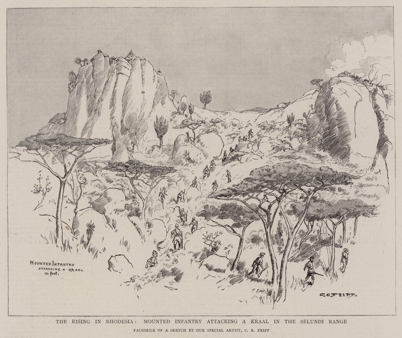 The Rising in Rhodesia, beredent infanteri angriber en Kraal i Selundi Range af Charles Edwin Fripp