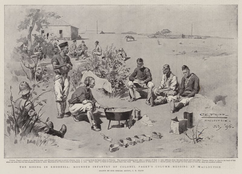 The Rising in Rhodesia, beredent infanteri af oberst Pagets kolonne roder ved Macloutsie af Charles Edwin Fripp