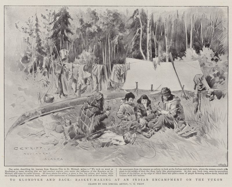 Til Klondyke og tilbage, kurvfremstilling ved en indisk lejr på Yukon af Charles Edwin Fripp
