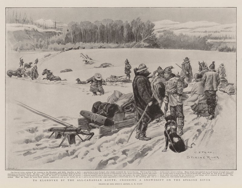 Til Klondyke ad den all-canadiske rute, krydser en snedrive på Stikine-floden af Charles Edwin Fripp