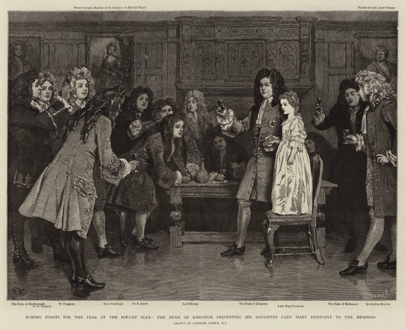 Udnævnelse af skåle for året i Kit-Cat Club, hertugen af Kingston præsenterer sin datter Lady Mary Pierpoint for medlemmerne af Charles Green
