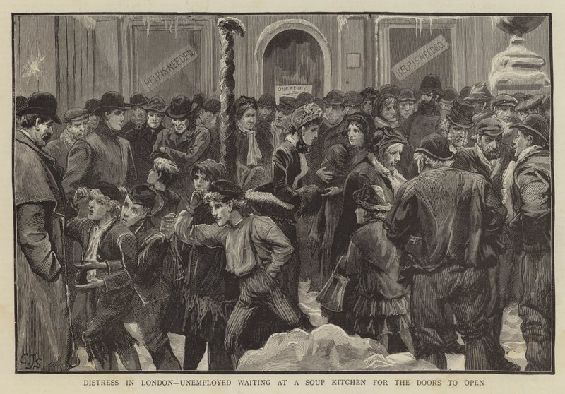 Nød i London, arbejdsløs venter ved et suppekøkken på, at dørene åbner af Charles J. Staniland