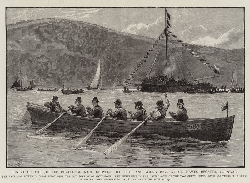 Afslutning på Jubilee Challenge Race mellem Old Boys og Young Boys ved St Mawes Regatta, Cornwall af Charles J. Staniland