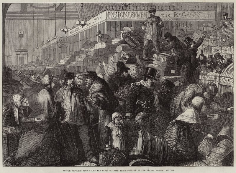 Franske flygtninge fra Lyon og Dijon henter deres bagage på Geneve Station af Charles J. Staniland