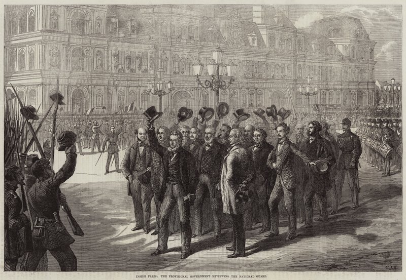 Inde i Paris gennemgår den provisoriske regering nationalgarden af Charles J. Staniland