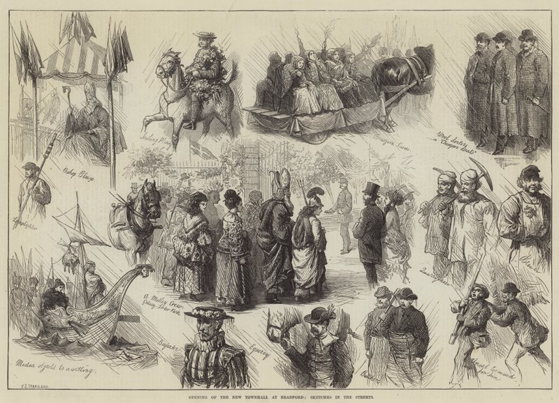 Åbning af det nye rådhus i Bradford, Sketches in the Streets af Charles J. Staniland