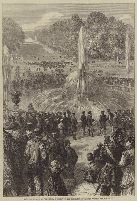 Preussisk royale i Versailles, en udstilling af springvandene foran kong William og hans stab af Charles J. Staniland