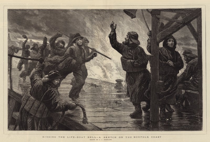 Ringer redningsbådens klokke, en skitse på Norfolkkysten af Charles J. Staniland