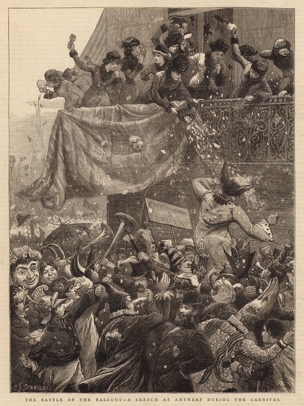 Slaget ved Balkonen, en skitse ved Antwerpen under karnevallet af Charles J. Staniland