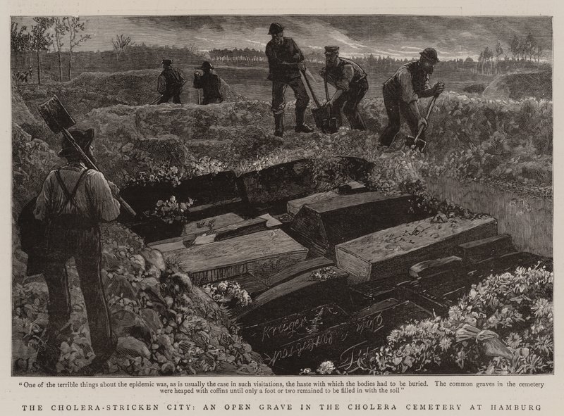 Den kolera-ramte by, en åben grav på kolerakirkegården i Hamborg af Charles J. Staniland