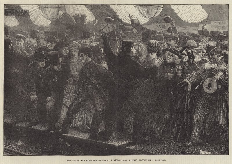 Oxford og Cambridge Boat-Race, en Metropolitan Railway Station på en Race Day af Charles J. Staniland