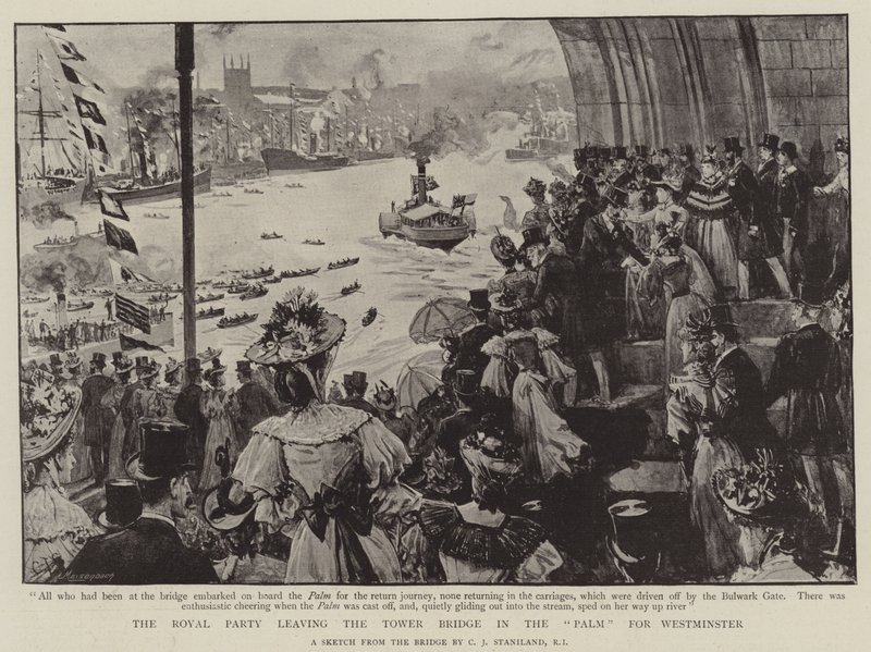 Det kongelige parti forlader Tower Bridge i Palm til Westminster af Charles J. Staniland
