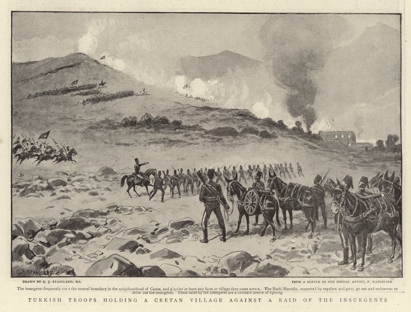Tyrkiske tropper holder en kretensisk landsby mod et raid af oprørerne af Charles J. Staniland