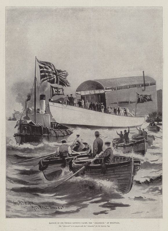 Lancering af Sir Thomas Liptons Yacht, Shamrock, ved Millwall af Charles John de Lacy