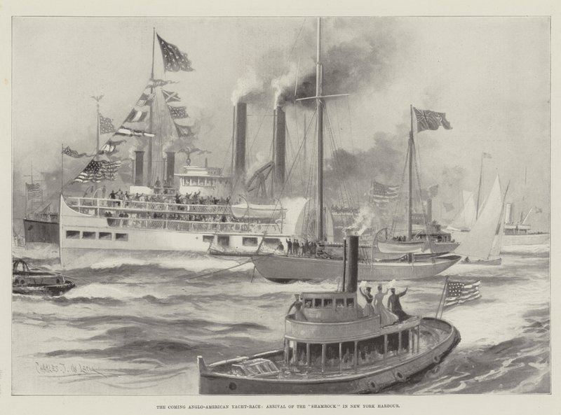 The Coming Anglo-American Yacht-Race, Ankomst af Shamrock i New York Harbor af Charles John de Lacy