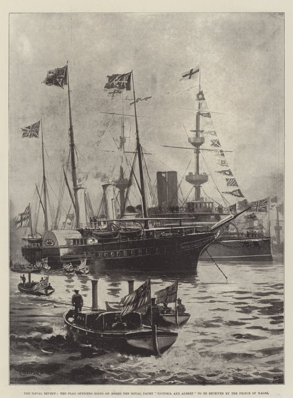 Naval Review, flagofficererne går om bord på Royal Yacht Victoria og Albert for at blive modtaget af prinsen af Wales af Charles John de Lacy
