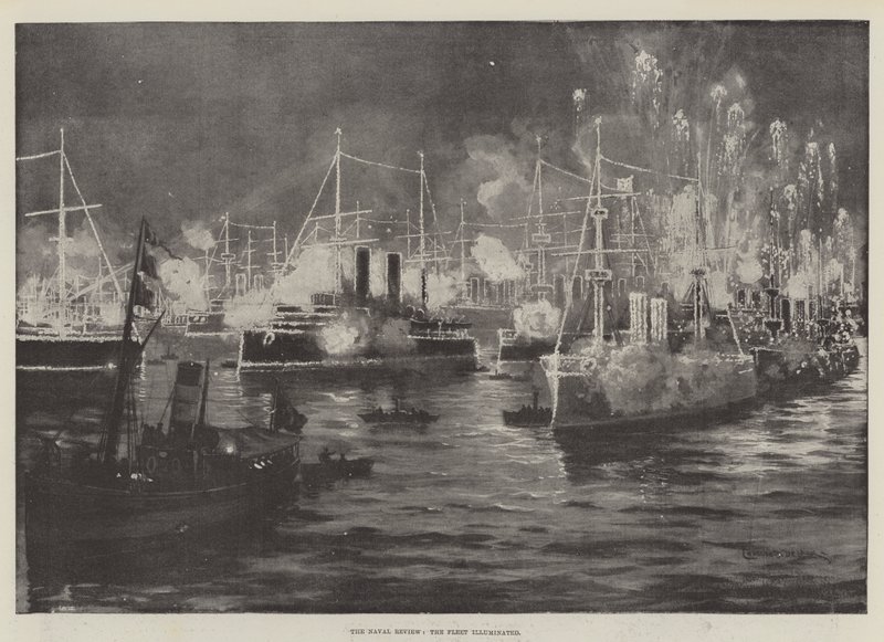 Naval Review, flåden belyste litho af Charles John de Lacy