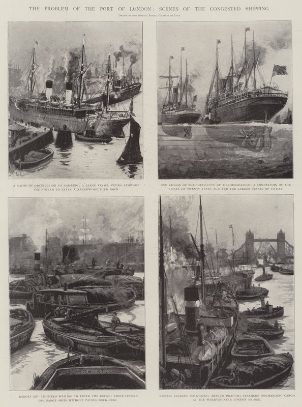 Problemet med Londons havn, scener af den overbelastede skibsfart af Charles John de Lacy