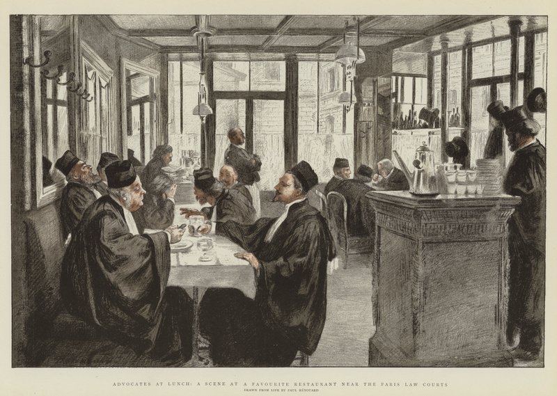 Advokater til frokost, en scene på en yndlingsrestaurant nær Paris Law Courts (chromolitho) af Charles Paul Renouard