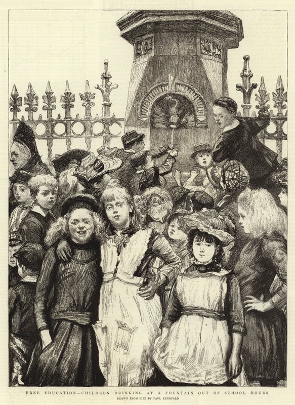 Gratis uddannelse, børn, der drikker ved et springvand uden for skoletiden af Charles Paul Renouard