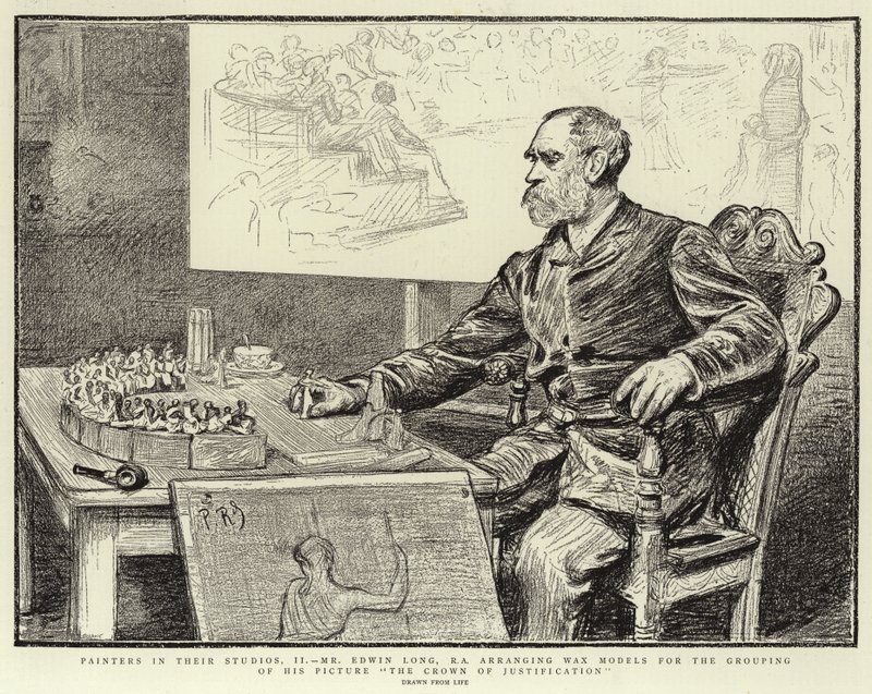Malere i deres studier, II, Mr. Edwin Long, RA, der arrangerer voksmodeller til grupperingen af hans billede The Crown of Justification af Charles Paul Renouard