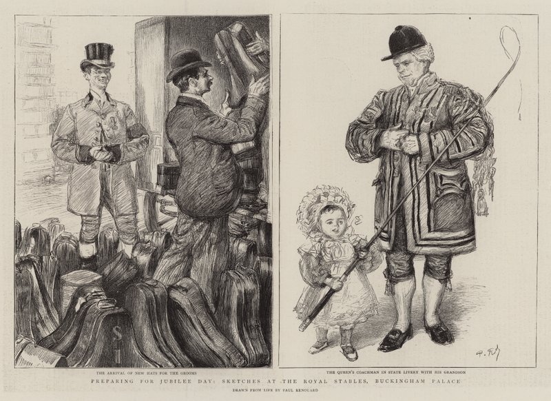 Forberedelse til jubilæumsdagen, skitser ved de kongelige stalde, Buckingham Palace af Charles Paul Renouard