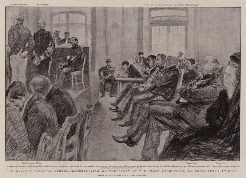 Dreyfus-processen i Rennes, generel udsigt over retten ved afslutningen af general de Boisdeffres vidneudsagn af Charles Paul Renouard