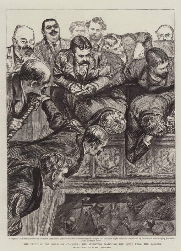 Kampen i Underhuset, journalisterne ser scenen fra Galleriet af Charles Paul Renouard