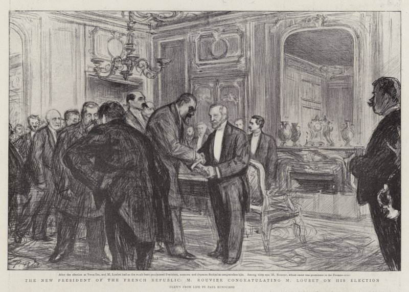 Den nye præsident for Den Franske Republik, M. Rouvier, lykønsker M. Loubet med valget af Charles Paul Renouard