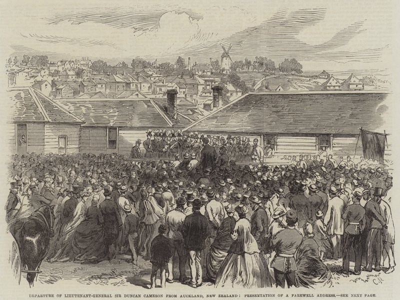 Generalløjtnant Sir Duncan Camerons afgang fra Auckland, New Zealand, præsentation af en afskedstale af Sir John Charles Robinson