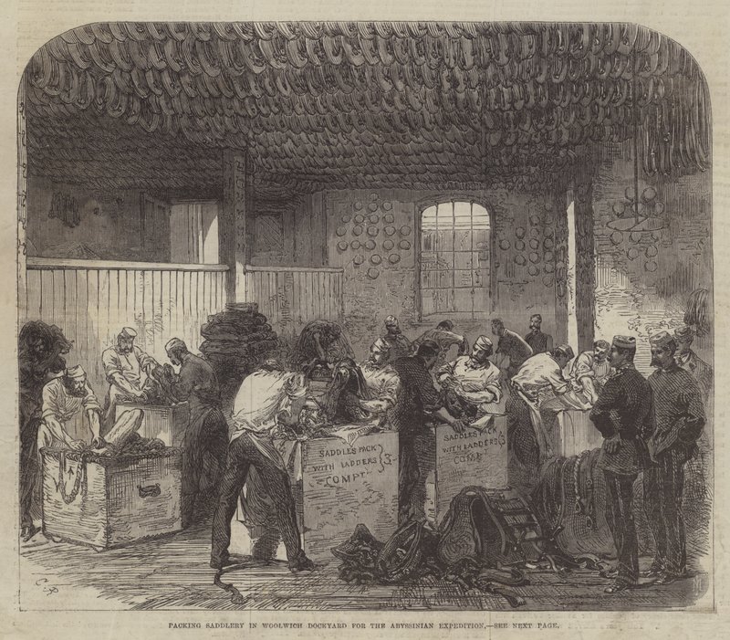Pakning af sadelmageri i Woolwich Dockyard til Abessinier-ekspeditionen af Sir John Charles Robinson
