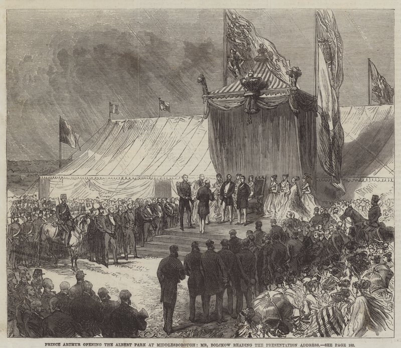 Prins Arthur åbner Albert Park i Middlesborough, hr. Bolckow læser præsentationstalen af Sir John Charles Robinson