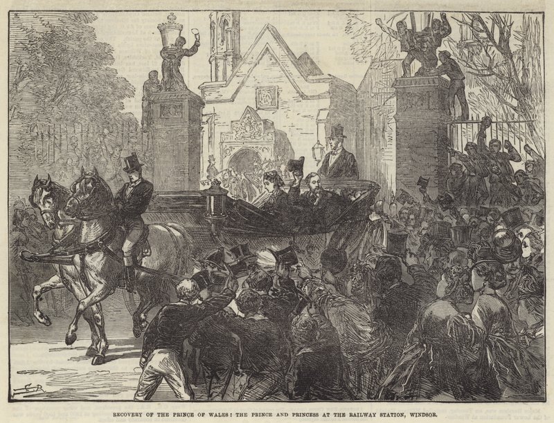 Genopretning af prinsen af Wales, prinsen og prinsessen på jernbanestationen, Windsor af Sir John Charles Robinson