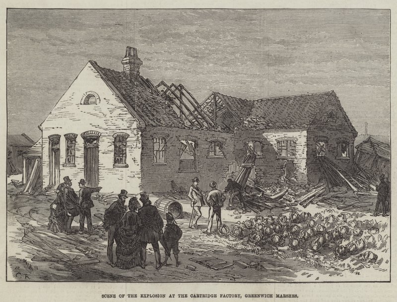 Scene af eksplosionen på Cartridge Factory, Greenwich Marshes af Sir John Charles Robinson