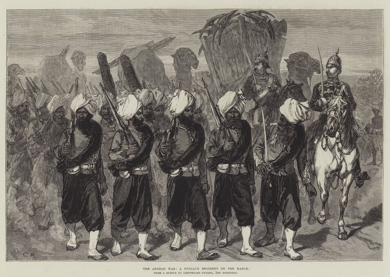 Den afghanske krig, et Punjaub-regiment på march af Sir John Charles Robinson