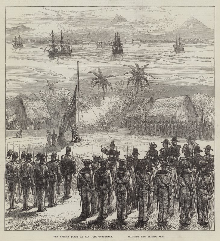 Den britiske flåde i San Jose, Guatemala, hilser det britiske flag af Sir John Charles Robinson