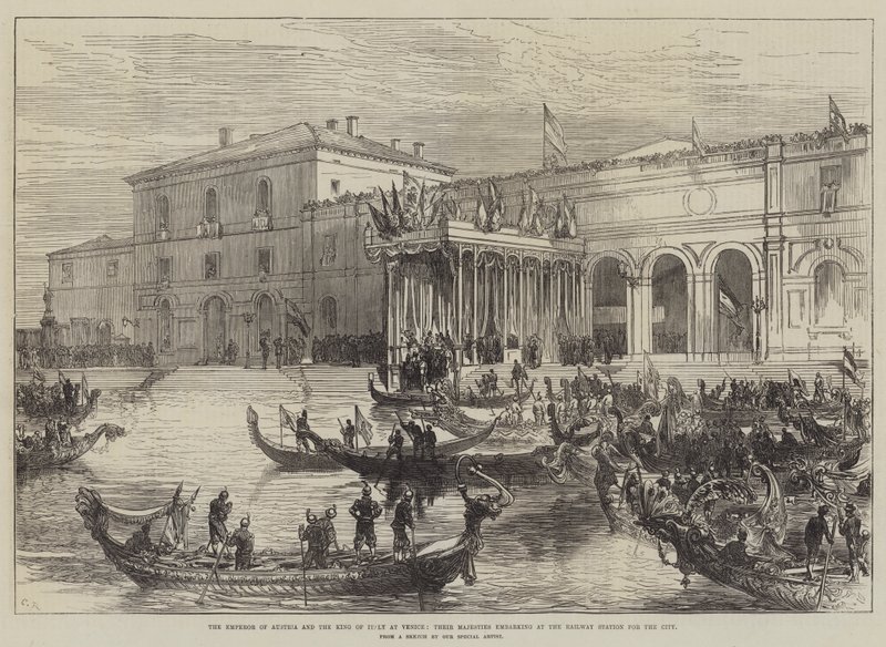 Kejseren af Østrig og kongen af Italien i Venedig, Deres Majestæter går om bord på banegården for byen af Sir John Charles Robinson