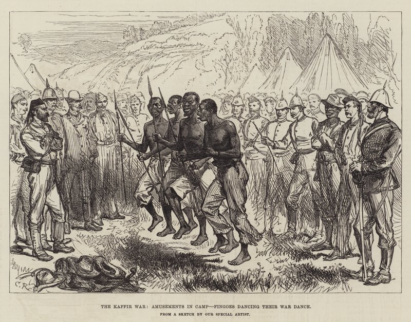 Kafferkrigen, underholdning i lejren, Fingoes danser deres krigsdans af Sir John Charles Robinson
