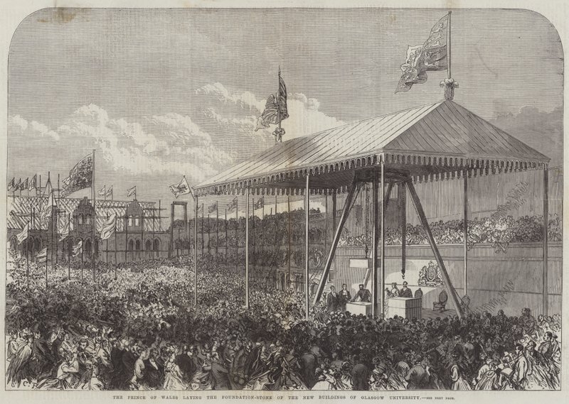 Prinsen af Wales lægger grundstenen til de nye bygninger ved Glasgow University af Sir John Charles Robinson