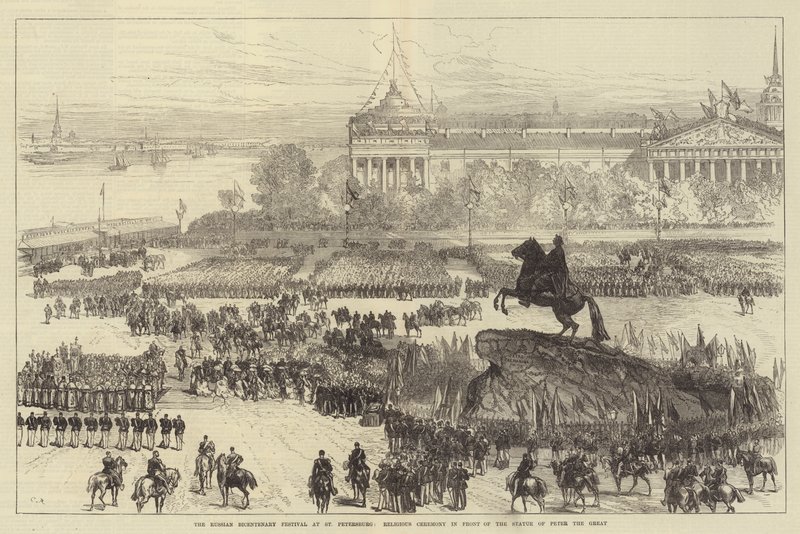 Den russiske tohundredårsfest i Sankt Petersborg, religiøs ceremoni foran statuen af Peter den Store af Sir John Charles Robinson