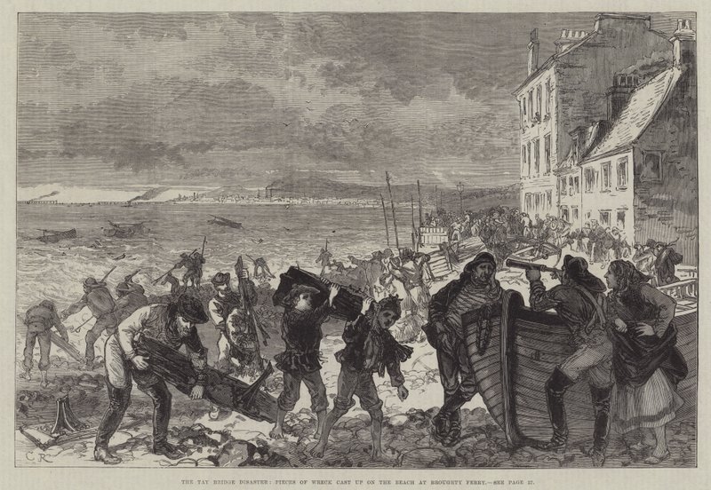 Tay Bridge-katastrofen, vragstykker kastet op på stranden ved Broughty Ferry af Sir John Charles Robinson