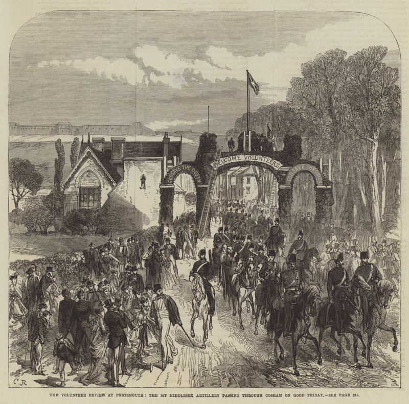 Frivillige anmeldelse i Portsmouth, det 1. Middlesex-artilleri, der passerer gennem Cosham på langfredag af Sir John Charles Robinson