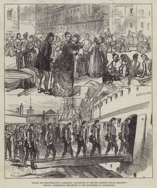 Tropper til middelhavsgarnisoner, afgang af 2. (dronningens kongelige) regiment, forlader Aldershott; indskibning i Eufrat ved Portsmouth af Sir John Charles Robinson
